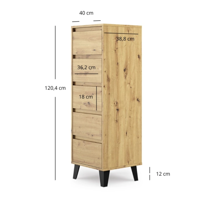 Komoda Borg Dąb aristan 5s , nóżka , szuflady , 40 cm szer